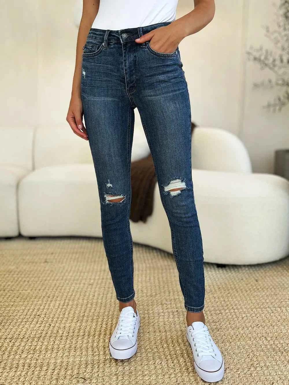 Judy Blue Full Size Mid Waist Distressed Slim Jeans - Faith Beyond Grace