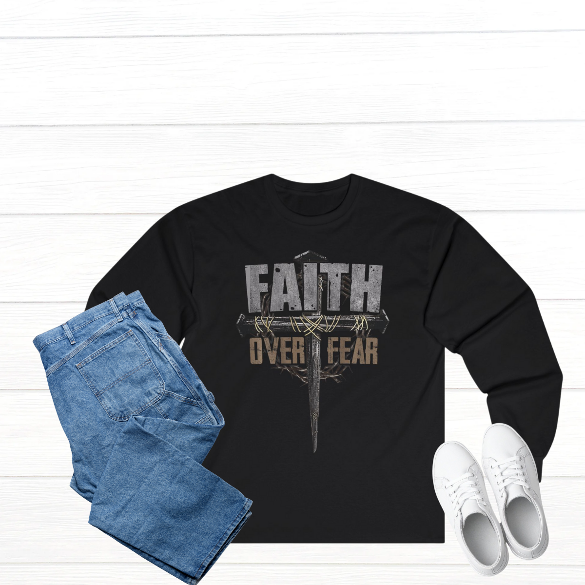 Mens Faith Over Fear Long Sleeve Tee
