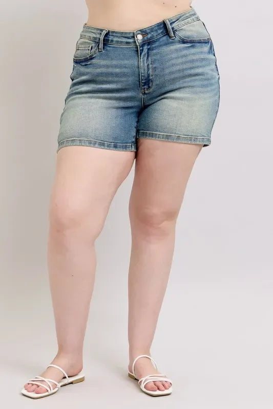 Judy Blue Plus Size V-Front Vintage Wash Shorts - Faith Beyond Grace
