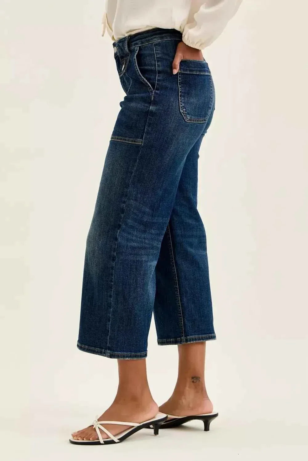Judy Blue High Waist Wide Crop Utility Jeans with Patch Pocket - Faith Beyond Grace