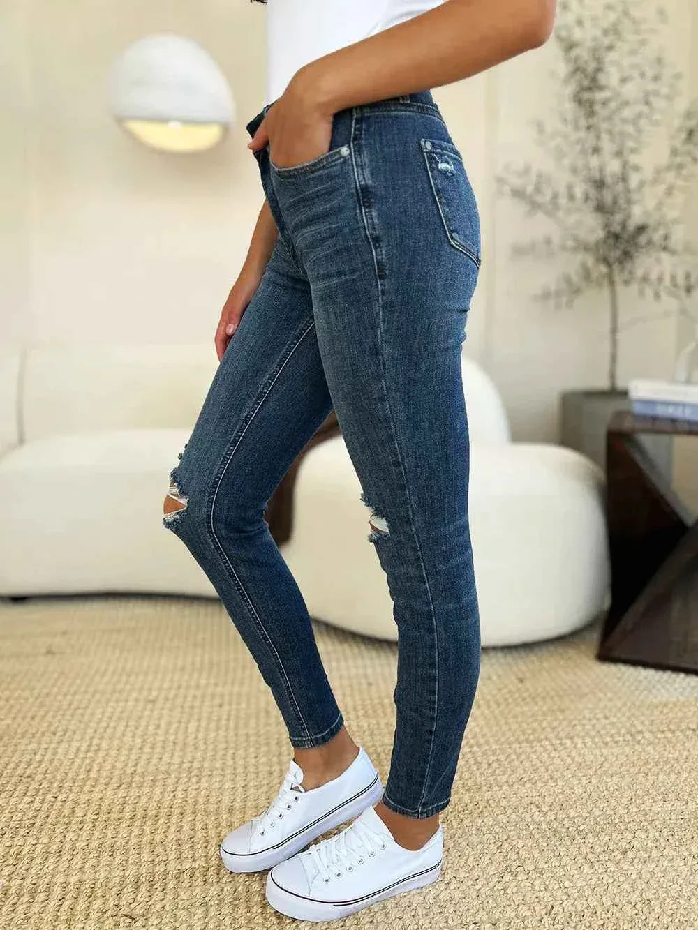 Judy Blue Full Size Mid Waist Distressed Slim Jeans - Faith Beyond Grace