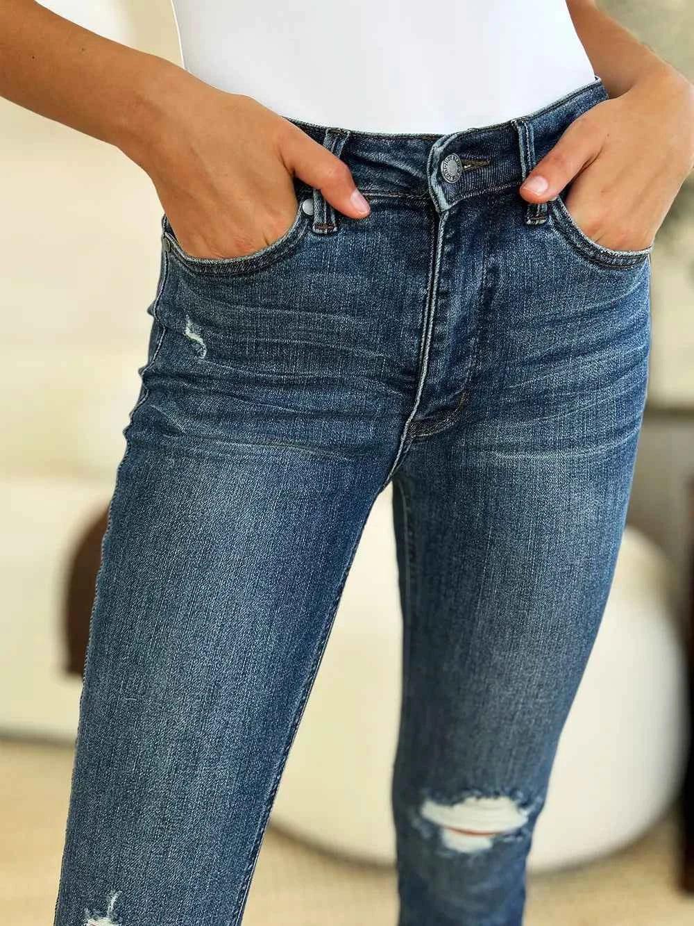 Judy Blue Full Size Mid Waist Distressed Slim Jeans - Faith Beyond Grace