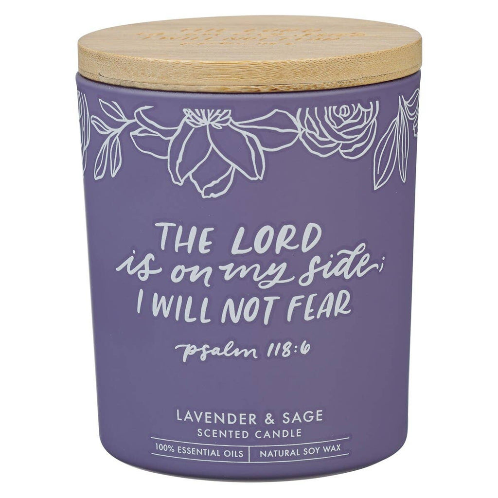 Glass Candle w/Bamboo Lid Purple No Fear Ps. 118:6