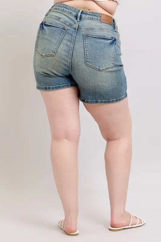 Judy Blue Plus Size V-Front Vintage Wash Shorts - Faith Beyond Grace