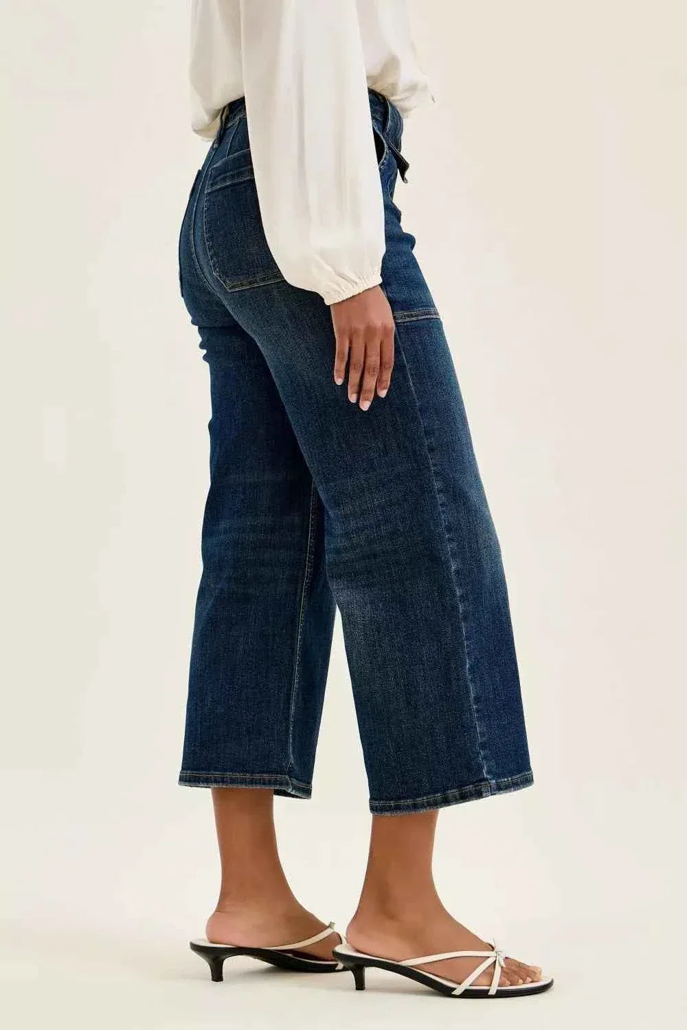 Judy Blue High Waist Wide Crop Utility Jeans with Patch Pocket - Faith Beyond Grace