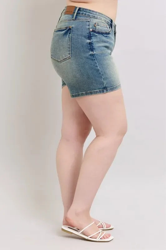 Judy Blue Plus Size V-Front Vintage Wash Shorts - Faith Beyond Grace