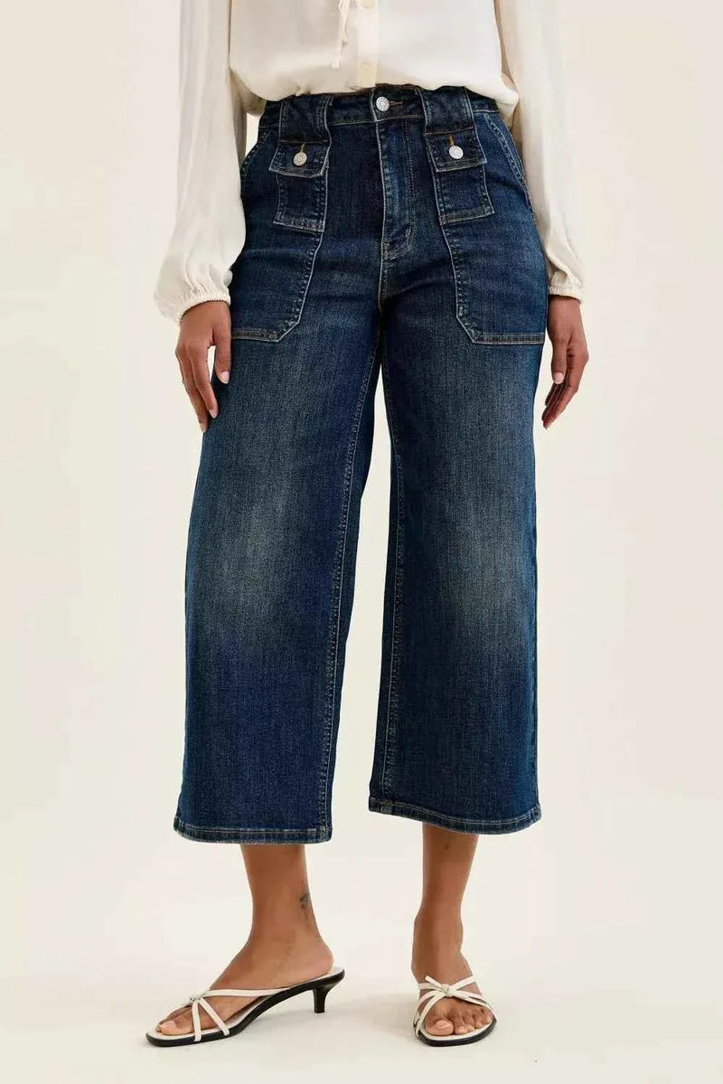 Judy Blue High Waist Wide Crop Utility Jeans with Patch Pocket - Faith Beyond Grace