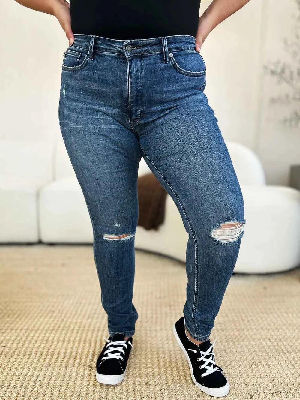 Judy Blue Full Size Mid Waist Distressed Slim Jeans - Faith Beyond Grace