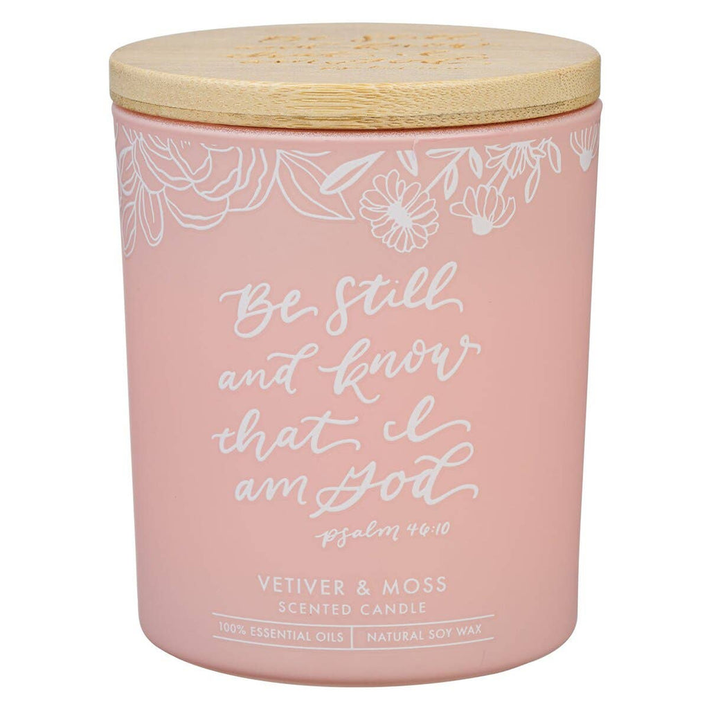 Glass Candle w/Bamboo Lid Pink Be Still Ps. 46:10