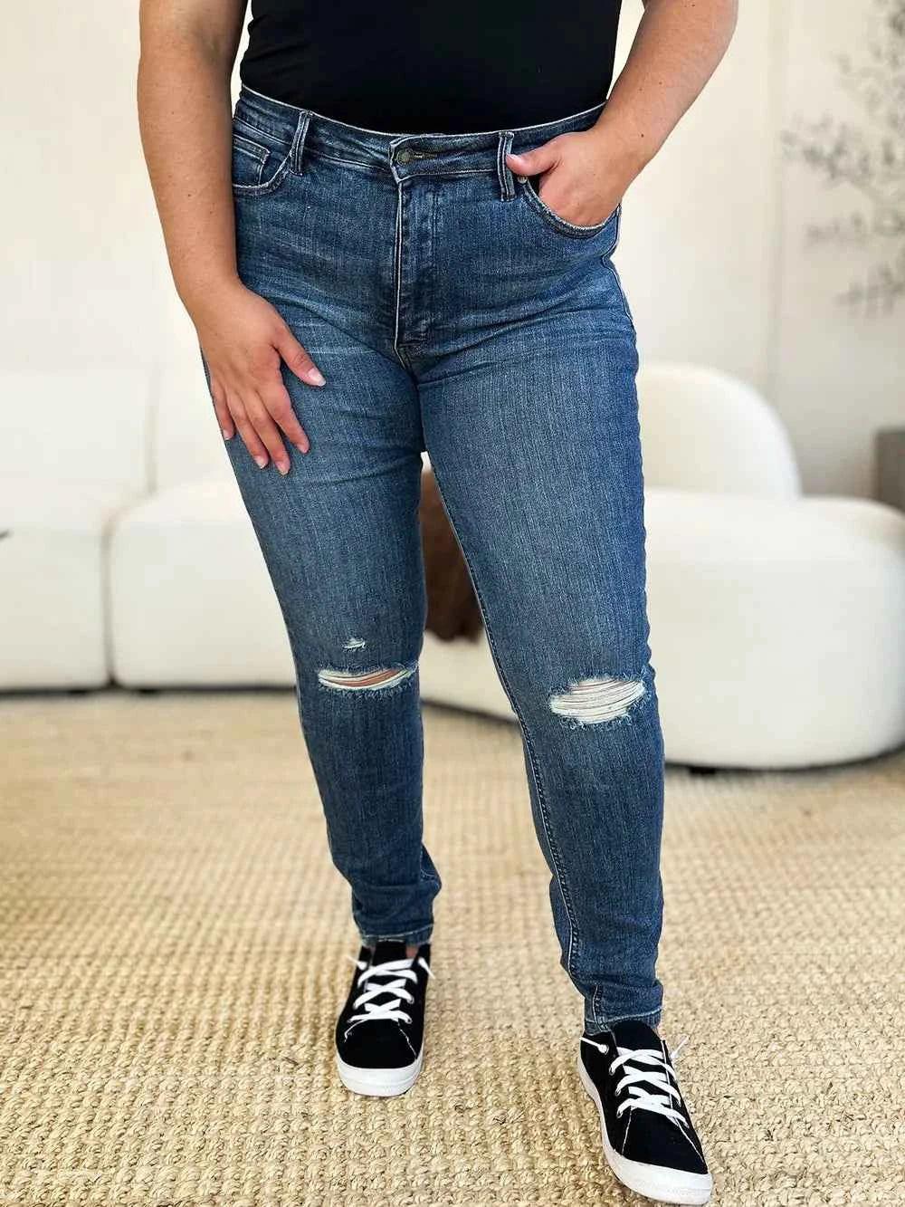Judy Blue Full Size Mid Waist Distressed Slim Jeans - Faith Beyond Grace