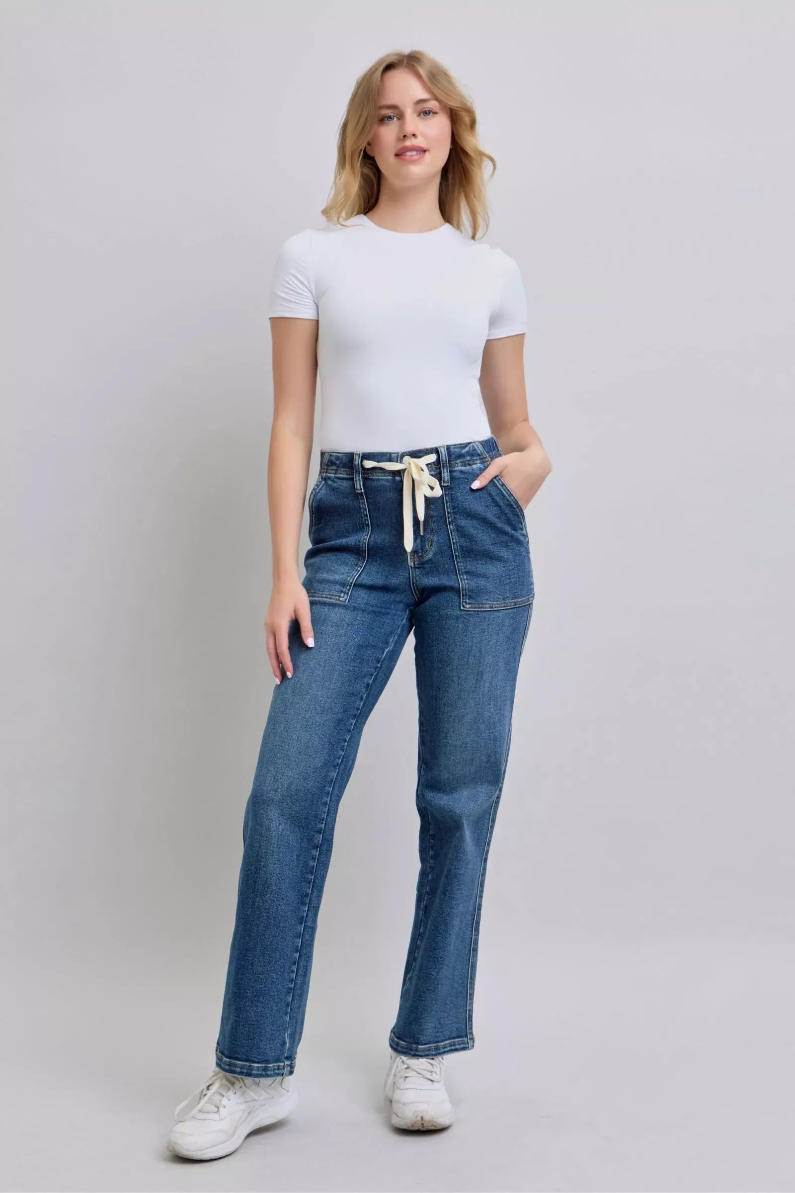Judy Blue Drawstring Straight Jeans with Pockets - Faith Beyond Grace