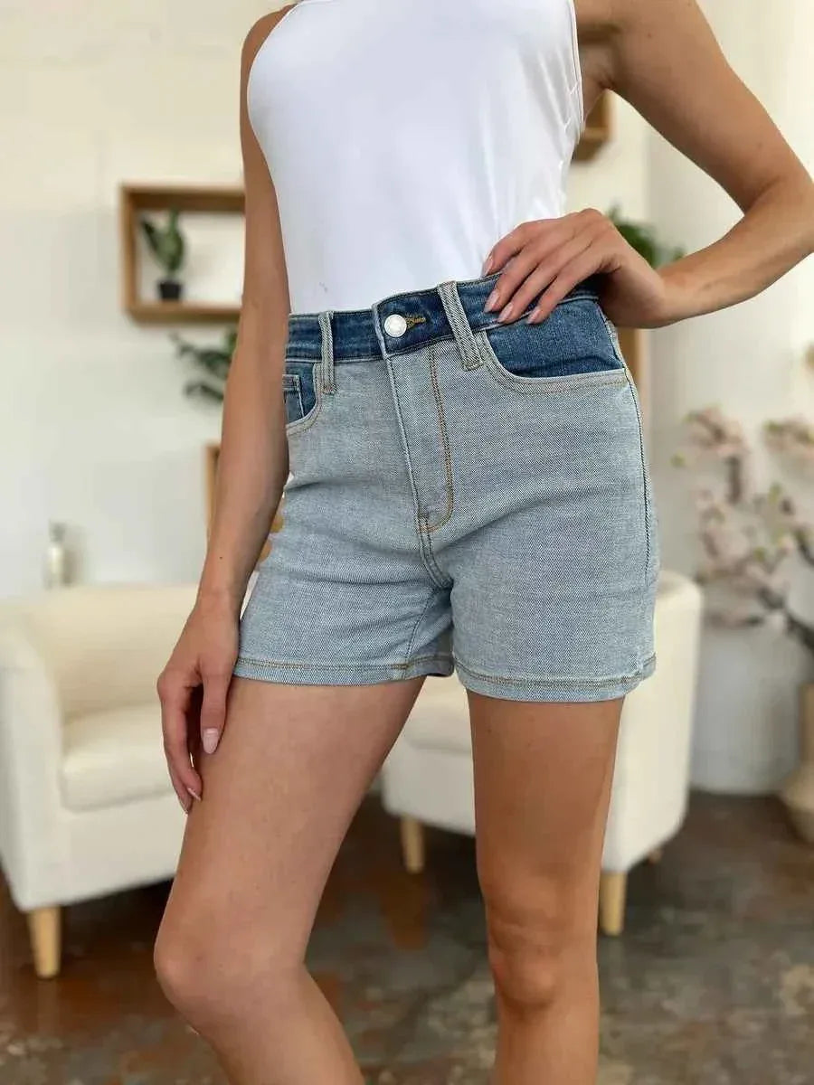 Judy Blue Full Size Color Block Denim Shorts - Faith Beyond Grace